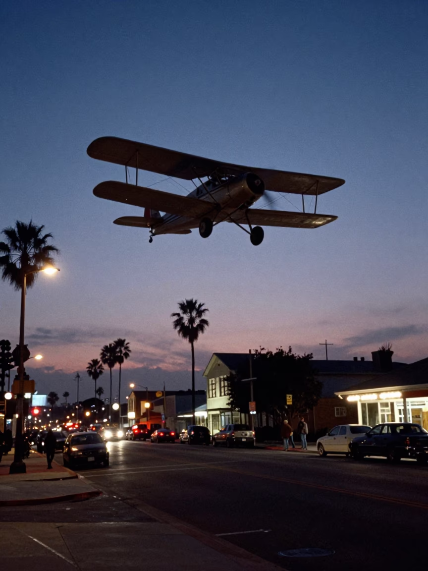 Predawn San Diego Street Scene with Vintage 1970s Biplane Flying Low Over Coastal Field in in San Diego, California, United States