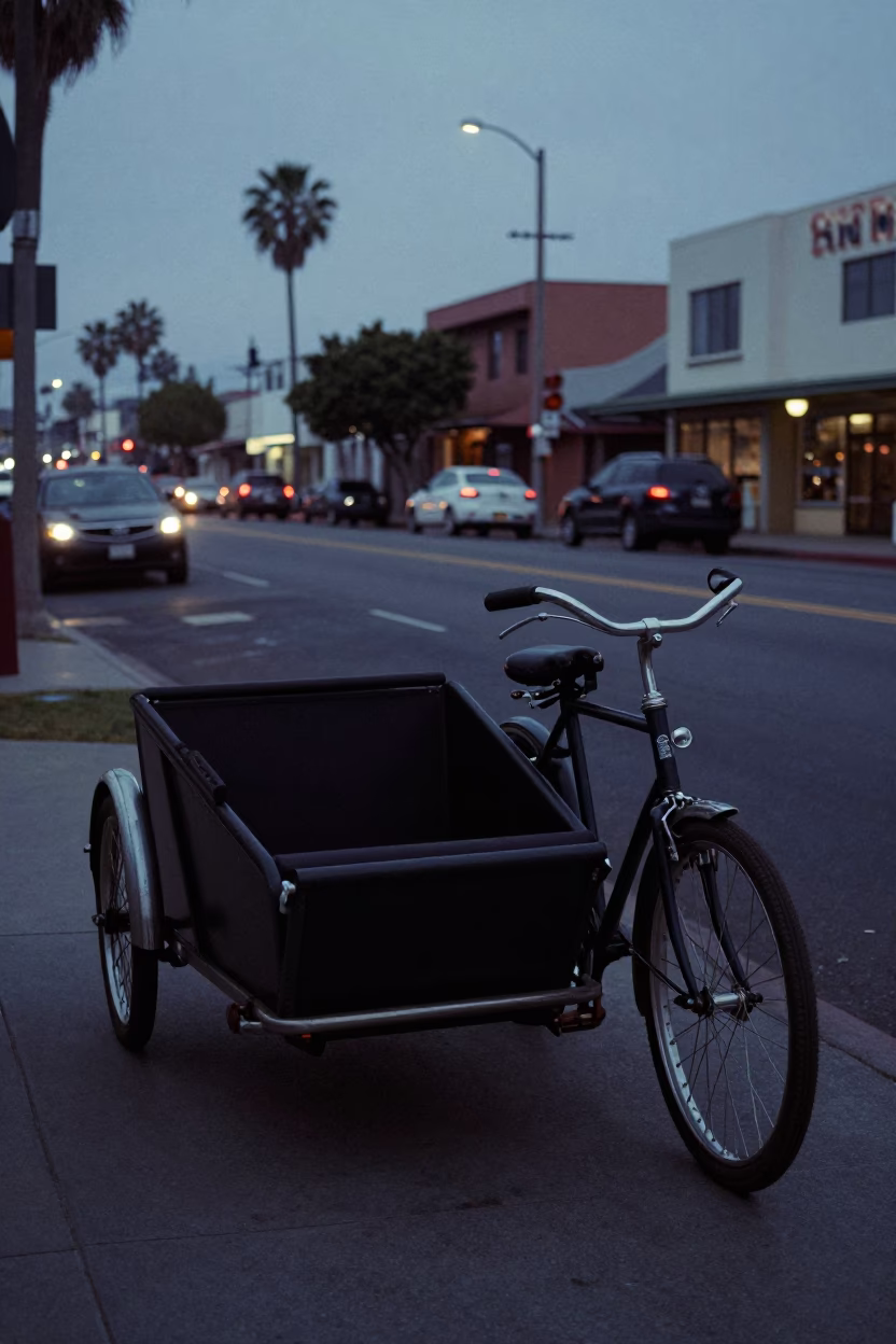 Predawn San Diego Street Scene with Vintage Cargo Bicycle and Urban Details in in San Diego, California, United States