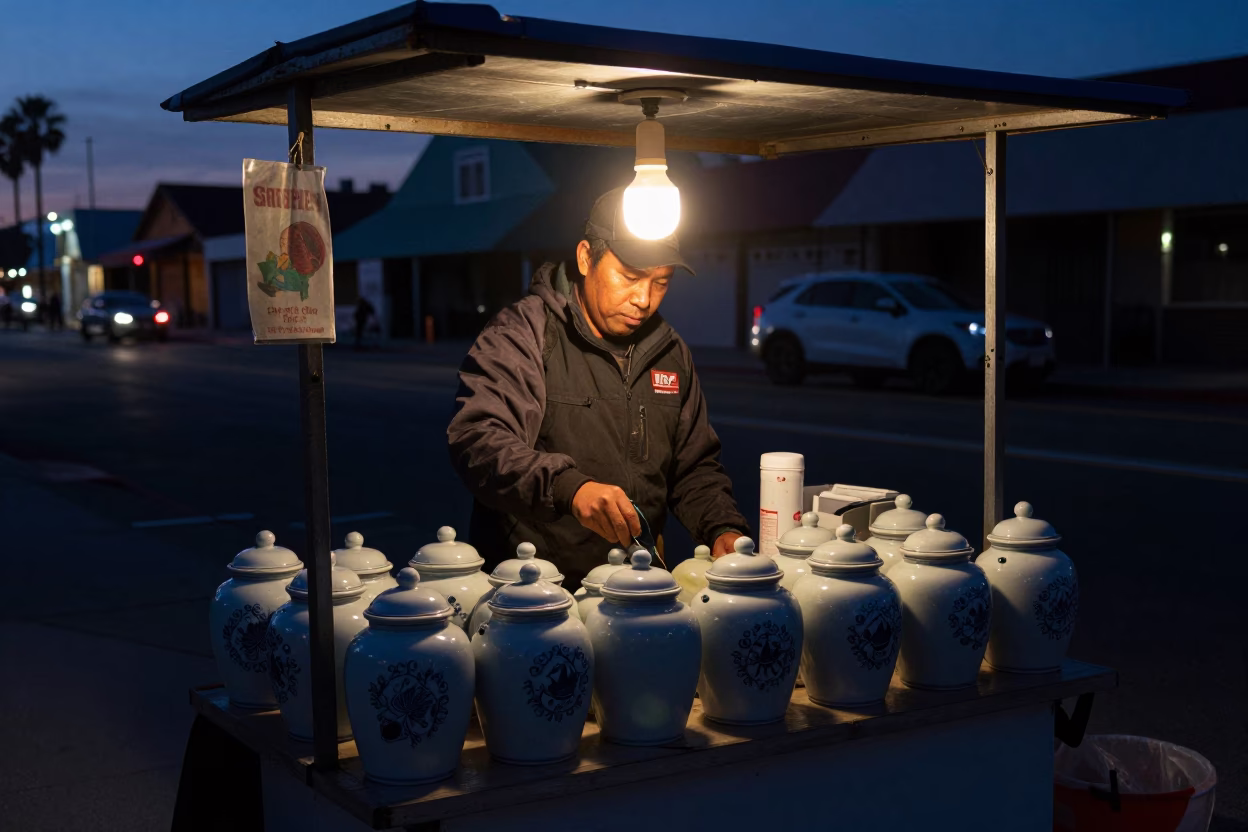 Predawn San Diego Street Vendor Stall with Porcelain Jars and Twine in in San Diego, California, United States