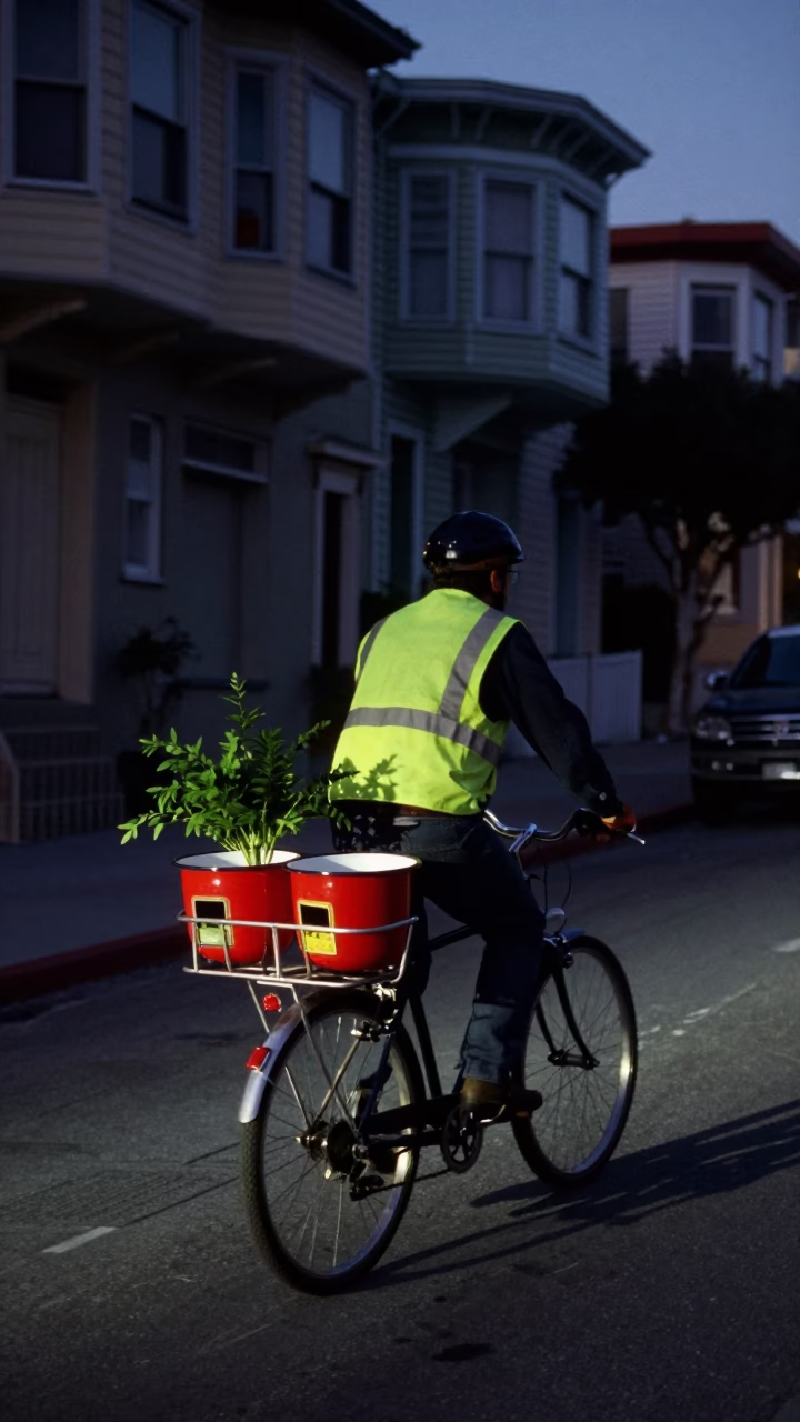 Predawn San Francisco Bicycle Commuter with Enamel Bowls and Houseplants in in San Francisco, California, United States