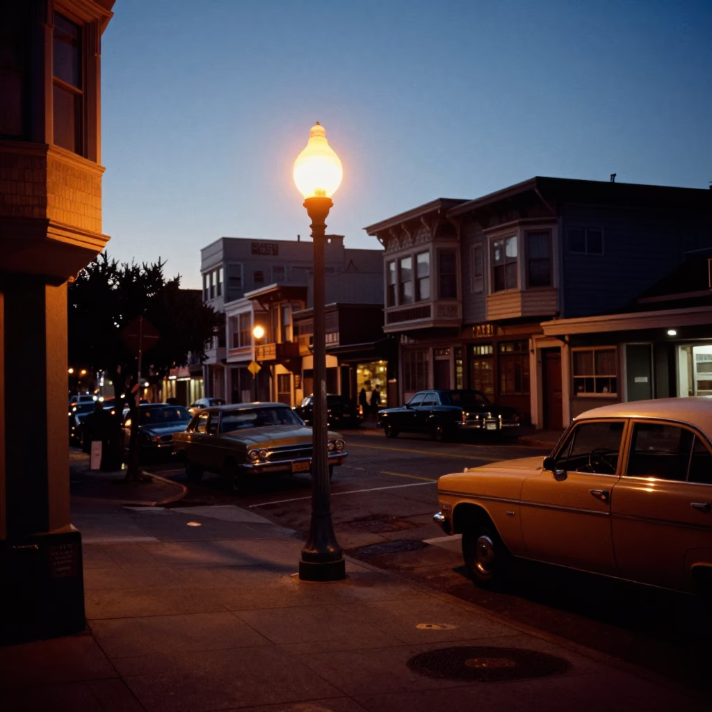 Predawn San Francisco Street Corner with Vintage Car and Urban Details in in San Francisco, California, United States