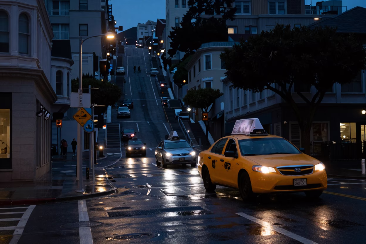 Predawn San Francisco Street Corner with Yellow Taxi and Urban Details in in San Francisco, California, United States