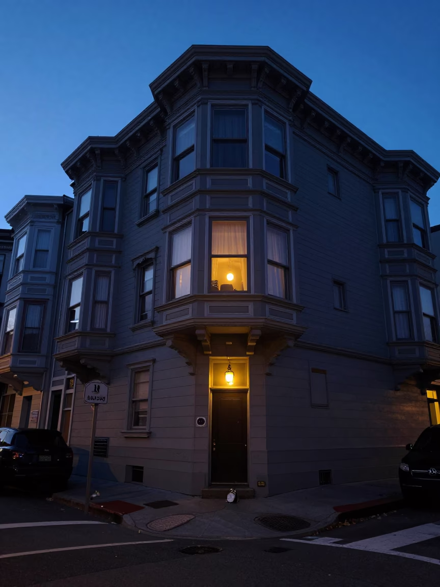 Predawn San Francisco Street Scene with Alarm Clock and Window Light in in San Francisco, California, United States