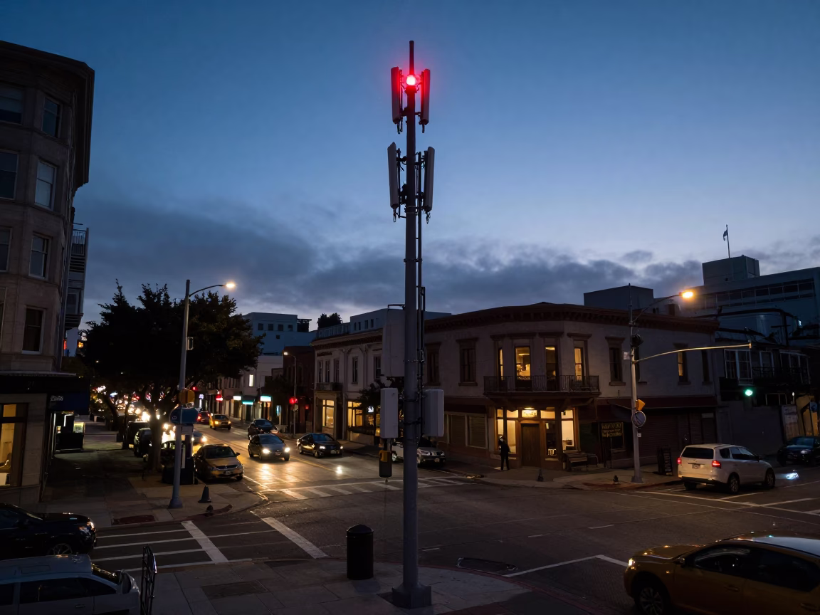 Predawn San Francisco Street Scene with Blinking Telecommunication Mast Red Beacon Through Fog in in San Francisco, California, United States