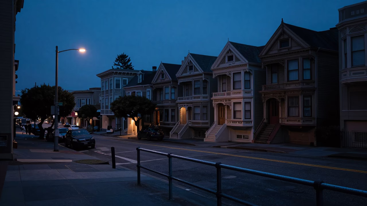 Predawn San Francisco Street Scene with Condensation on Metal Railings in in San Francisco, California, United States