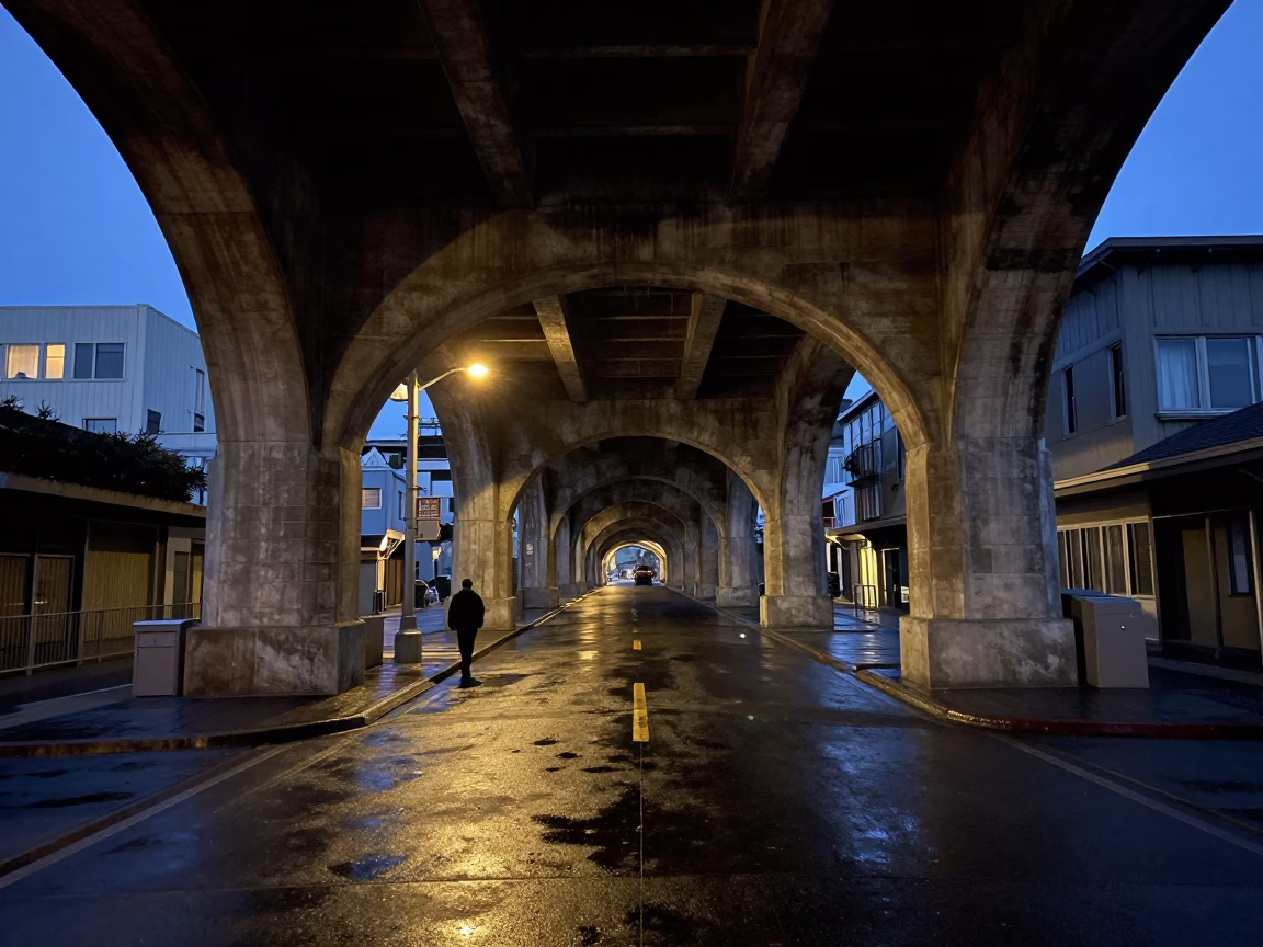 Predawn San Francisco Street Scene with Dripping Viaduct Undercroft and Ferny Stone in in San Francisco, California, United States