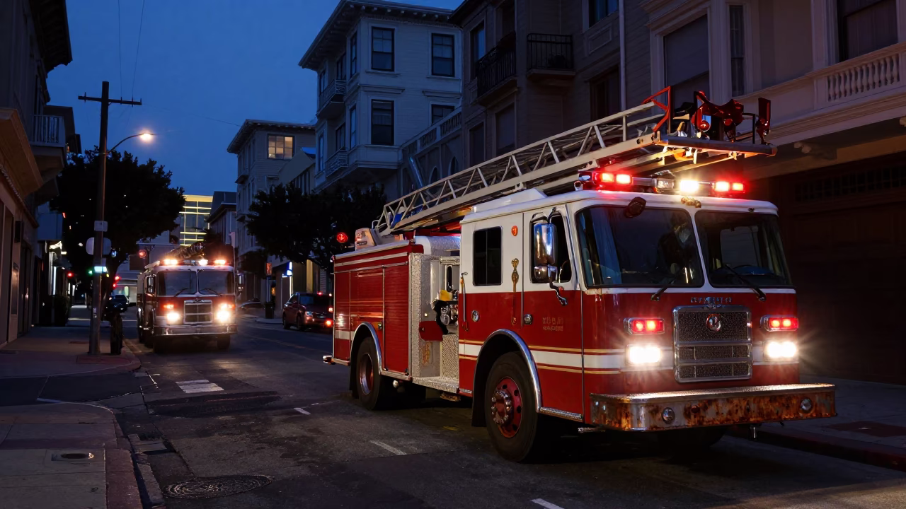 Predawn San Francisco Street Scene with Fire Engine and Rusty Wall Details in in San Francisco, California, United States