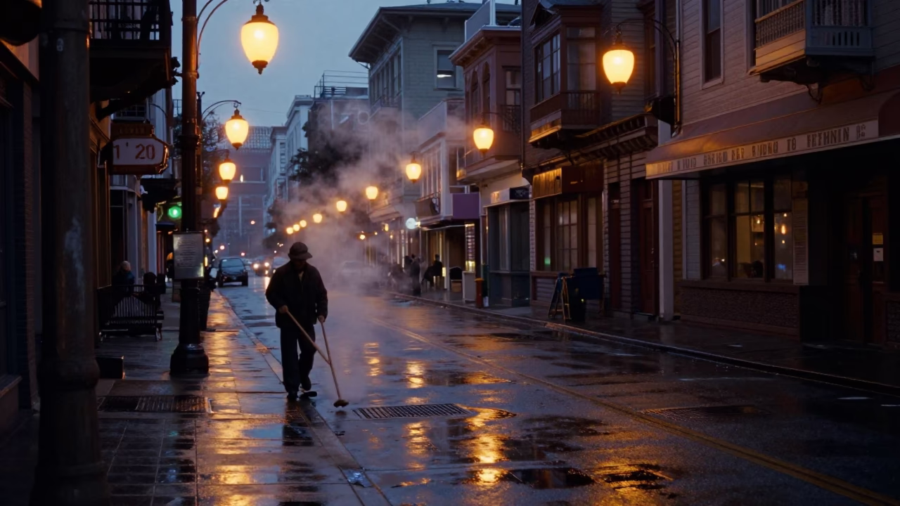 Predawn San Francisco Street Scene with Hanging Lanterns and Wet Pavement Reflections in in San Francisco, California, United States