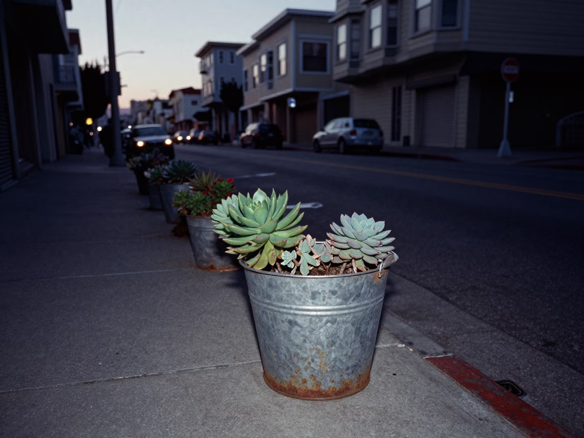Predawn San Francisco Street Scene with Metal Bucket and Succulents in Terracotta Pots in in San Francisco, California, United States