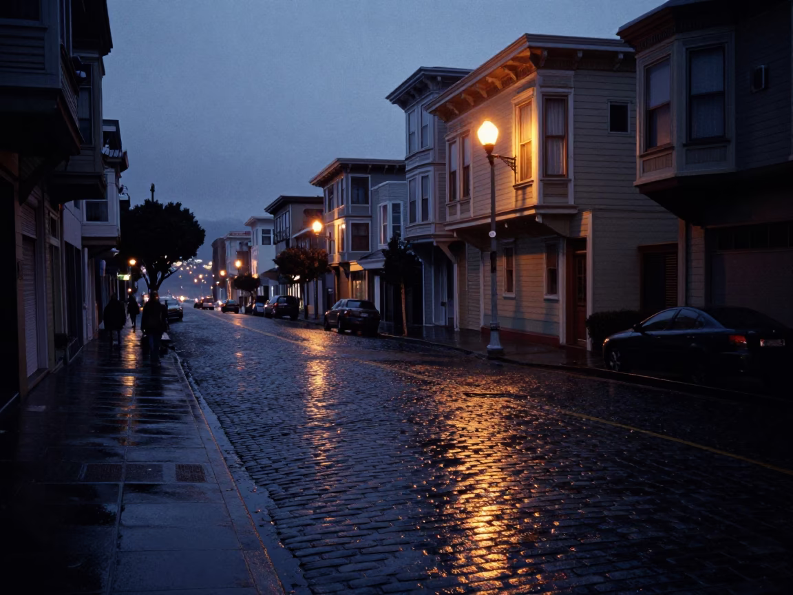Predawn San Francisco Street Scene with Rain-Slicked Cobblestones and Distant City Lights in in San Francisco, California, United States