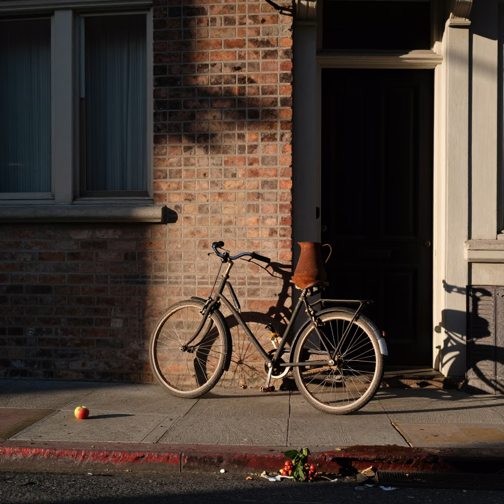 Predawn San Francisco Street Scene with Rustic Pitcher and Apples in in San Francisco, California, United States