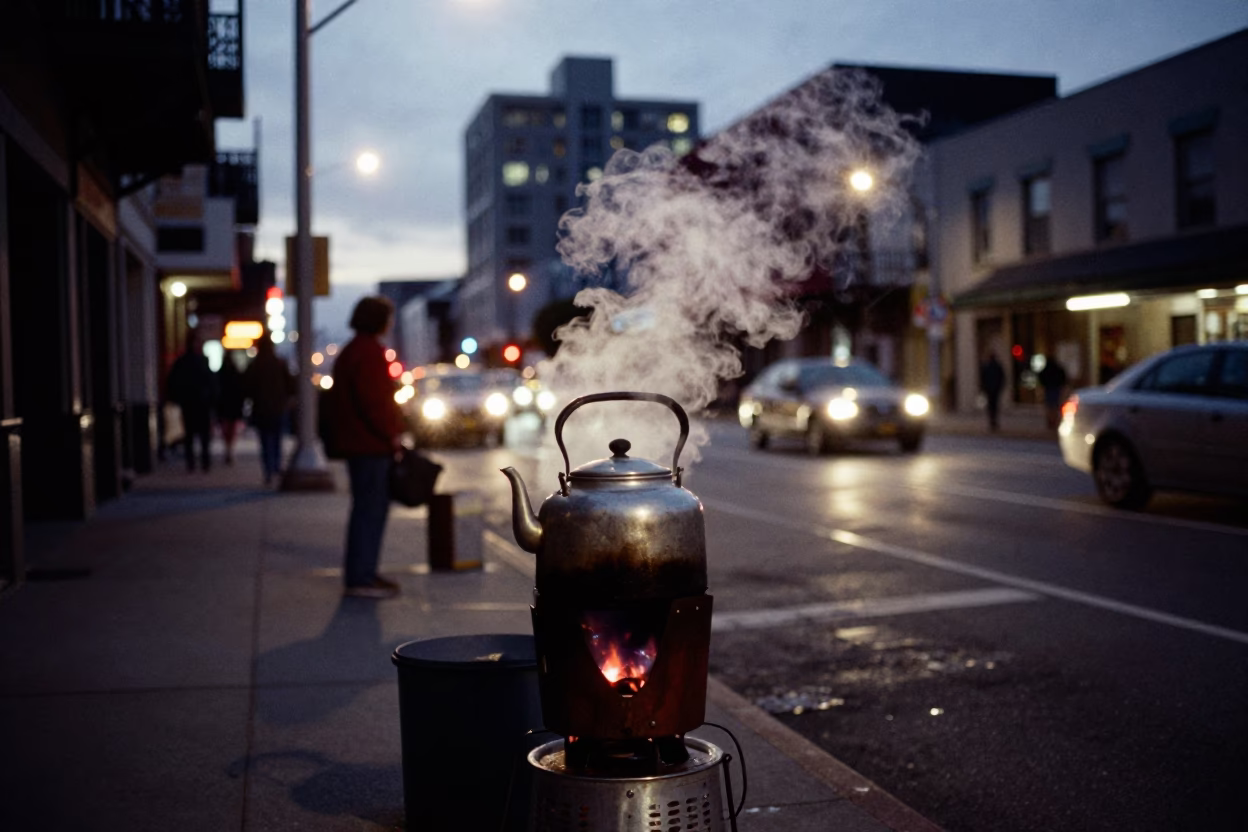 Predawn San Francisco Street Scene with Steam and City Lights in in San Francisco, California, United States