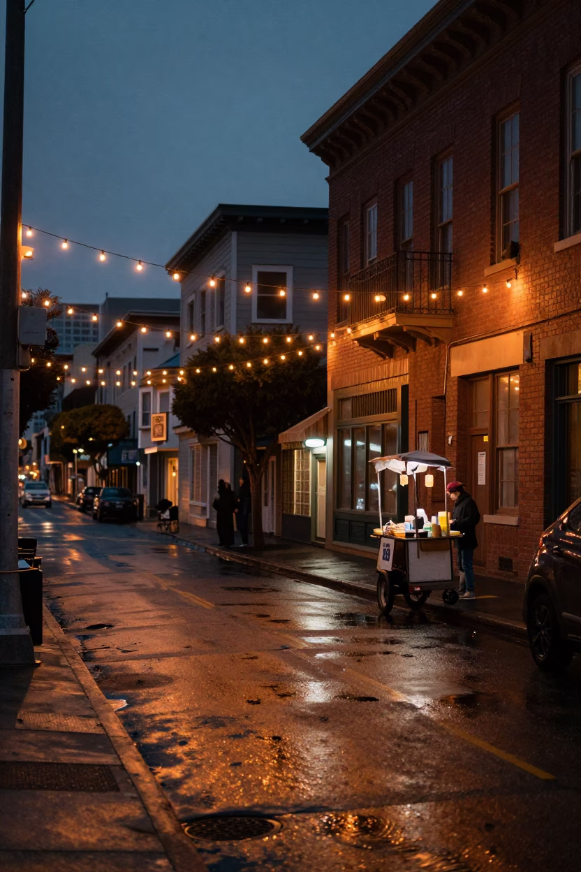 Predawn San Francisco Street Scene with String Lights and Local Commerce in in San Francisco, California, United States
