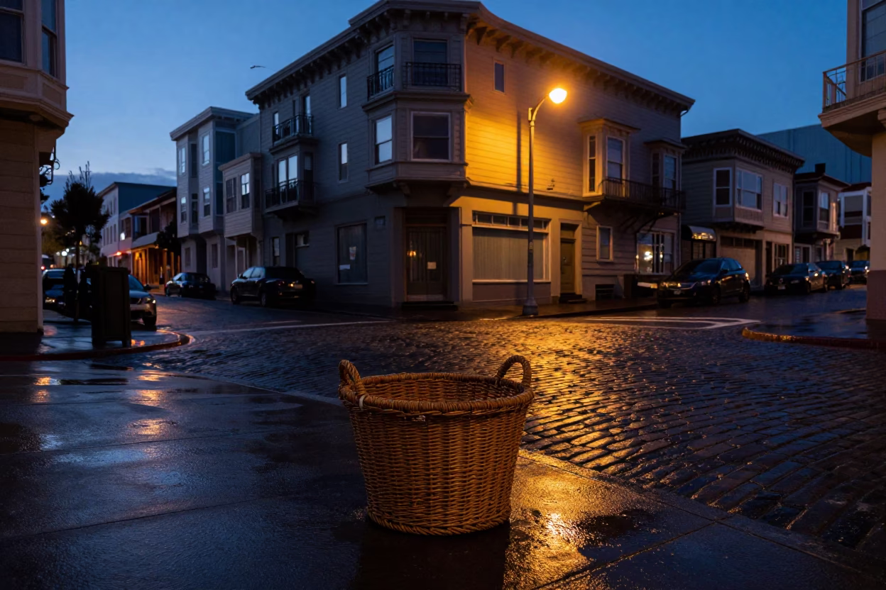 Predawn San Francisco Street Scene with Vintage Wicker Hamper and Mossy Stone Wall in in San Francisco, California, United States