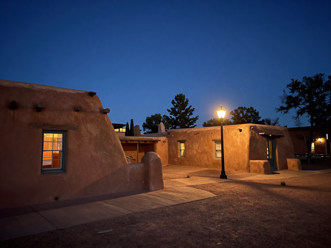 Predawn Santa Fe Adobe Architecture and Desert Landscape in New Mexico in in Santa Fe, New Mexico, United States