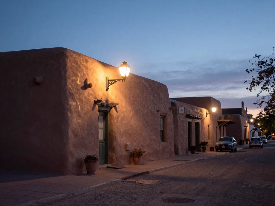 Predawn Santa Fe Adobe Architecture and Quiet Street Scene in New Mexico in in Santa Fe, New Mexico, United States