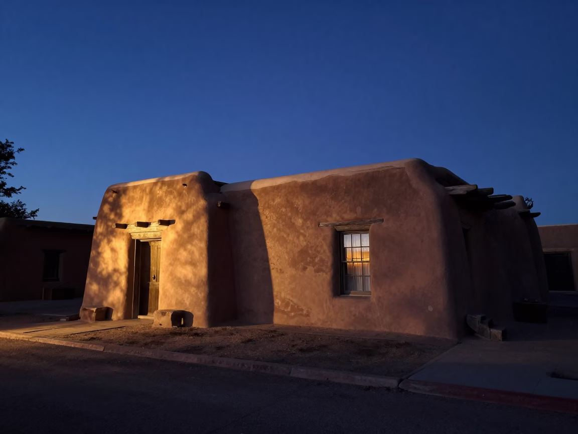 Predawn Santa Fe adobe architecture with sun stripe and quiet street scene in in Santa Fe, New Mexico, United States