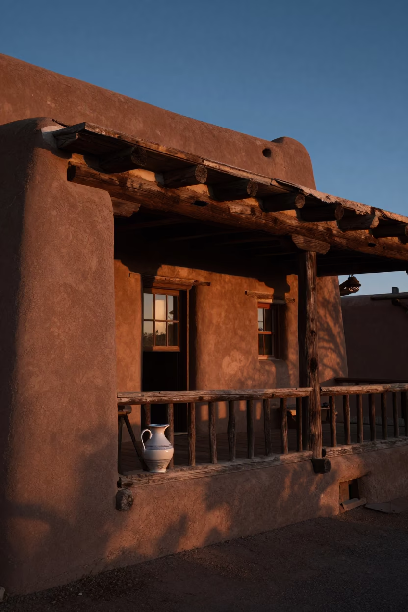 Predawn Santa Fe Adobe Architecture with Vintage Ceramic Pitcher and Postcards in in Santa Fe, New Mexico, United States