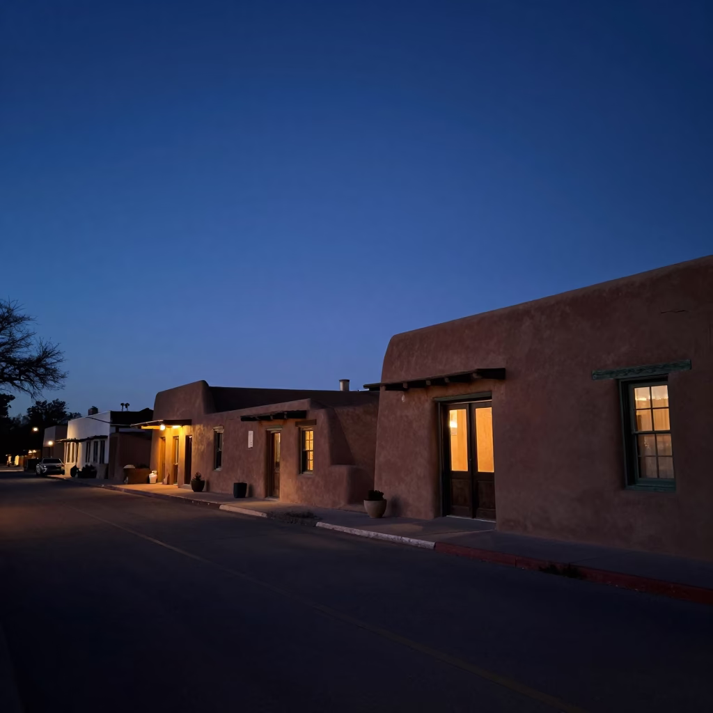 Predawn Santa Fe New Mexico adobe architecture and dark horizon street scene in in Santa Fe, New Mexico, United States