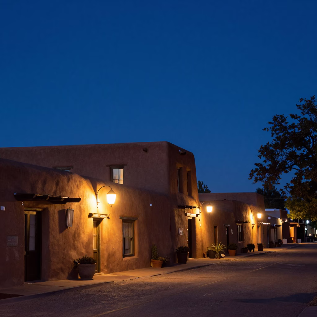 Predawn Santa Fe New Mexico adobe architecture and quiet street lighting in in Santa Fe, New Mexico, United States