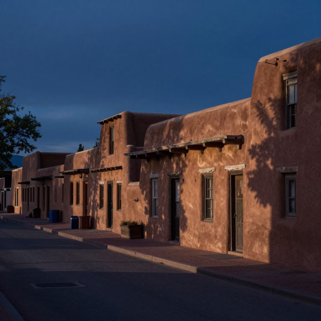 Predawn Santa Fe New Mexico Adobe Architecture and Quiet Street Scene in in Santa Fe, New Mexico, United States