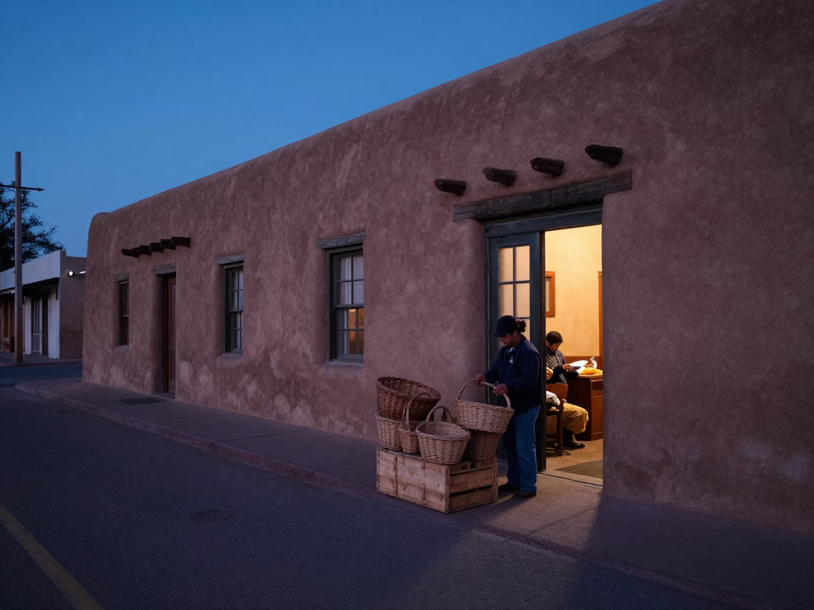 Predawn Santa Fe New Mexico Street Scene with Adobe Architecture and Early Morning Activity in in Santa Fe, New Mexico, United States