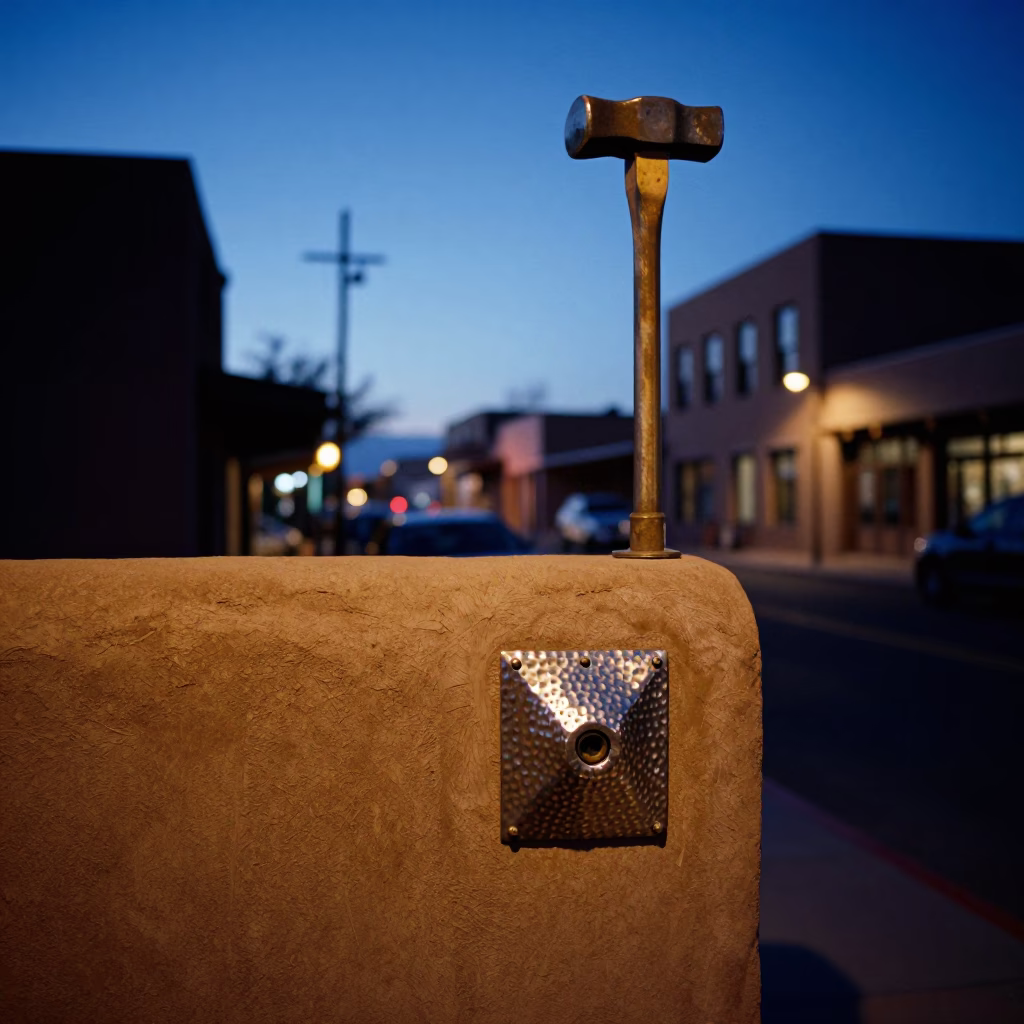 Predawn Santa Fe New Mexico Street Scene with Hammered Metal and Substation Glow in in Santa Fe, New Mexico, United States