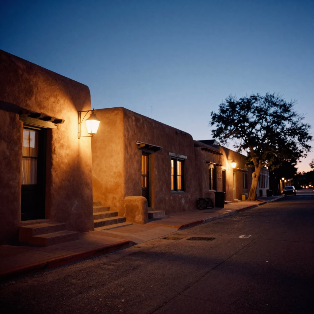 Predawn Santa Fe New Mexico Street Scene with Lantern Glow and Stair Rail in in Santa Fe, New Mexico, United States