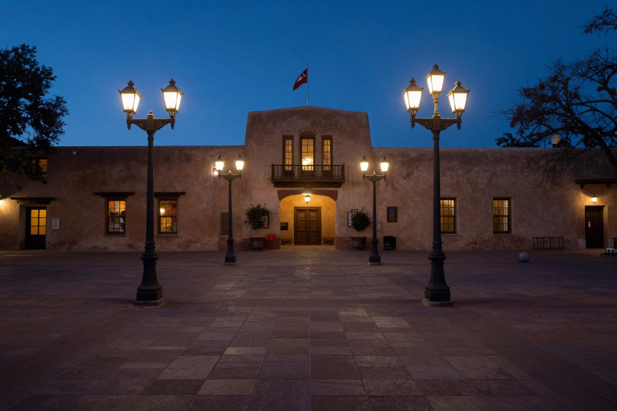 Predawn Santa Fe Plaza Adobe Architecture and Street Lamps in New Mexico in in Santa Fe, New Mexico, United States