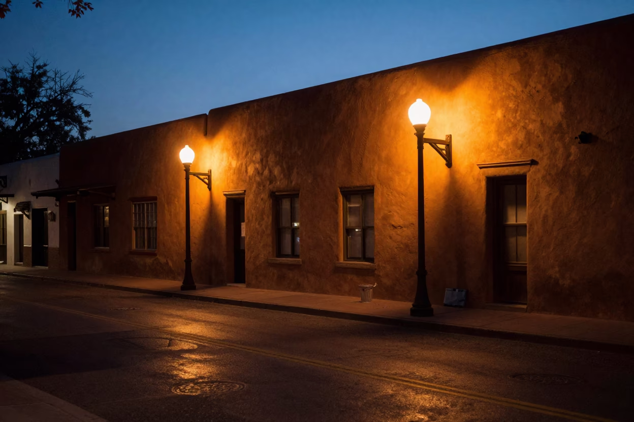 Predawn Santa Fe Street Scene with Adobe Architecture and Early Morning Commuters in in Santa Fe, New Mexico, United States