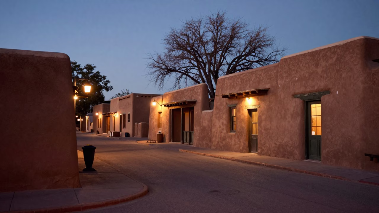Predawn Santa Fe Street Scene with Traditional Adobe Architecture and Early Morning Light in in Santa Fe, New Mexico, United States