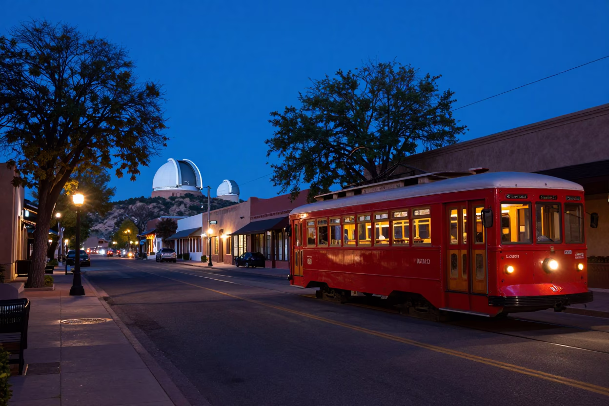 Predawn Santa Fe Street Scene with Tramcar and Desert Observatories in in Santa Fe, New Mexico, United States