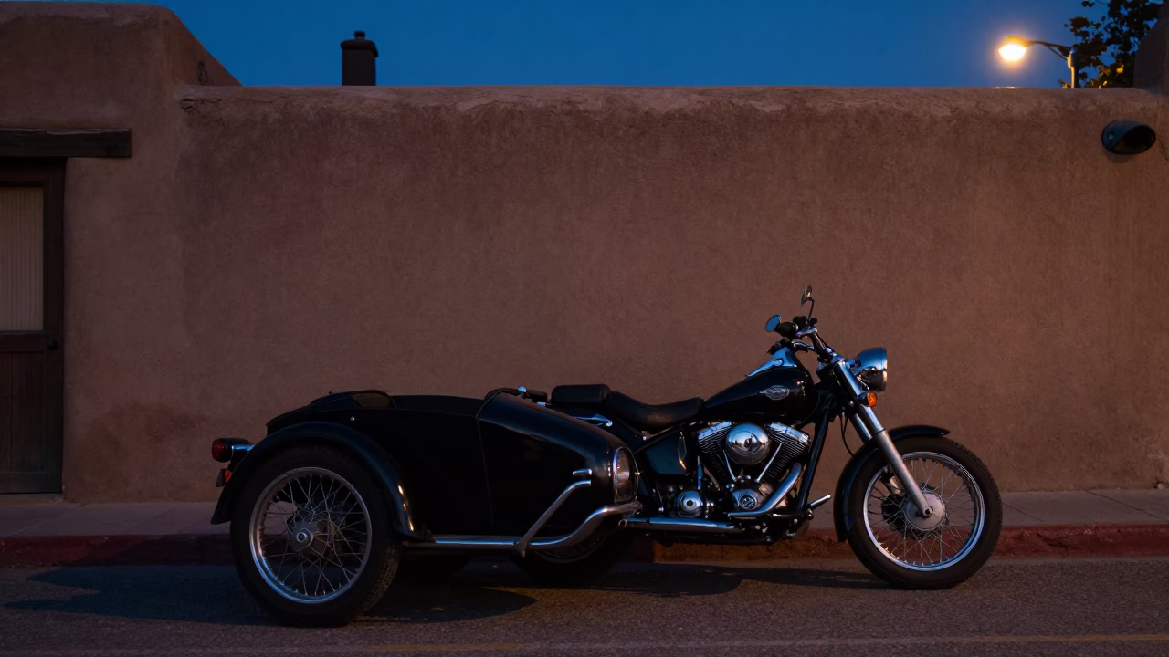 Predawn Santa Fe Street Scene with Vintage Motorcycle and Sidecar Under Adobe Architecture in in Santa Fe, New Mexico, United States