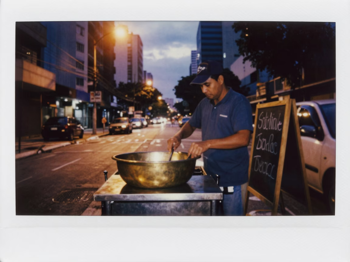 Predawn São Paulo Street Scene with Brass Basin and Chalkboard in in São Paulo, Brazil