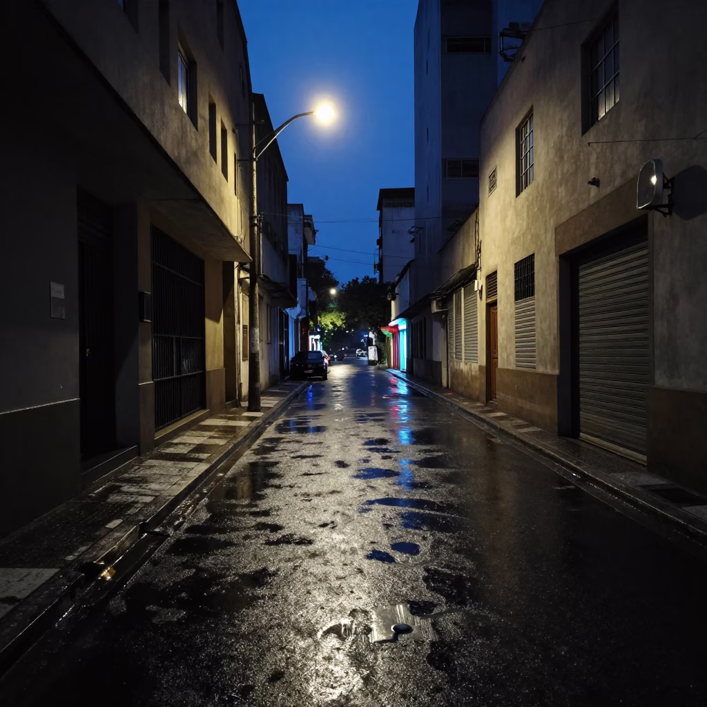 Predawn São Paulo Street Scene with Brushed Steel Drawer Pull and Candlestick Props in in São Paulo, Brazil