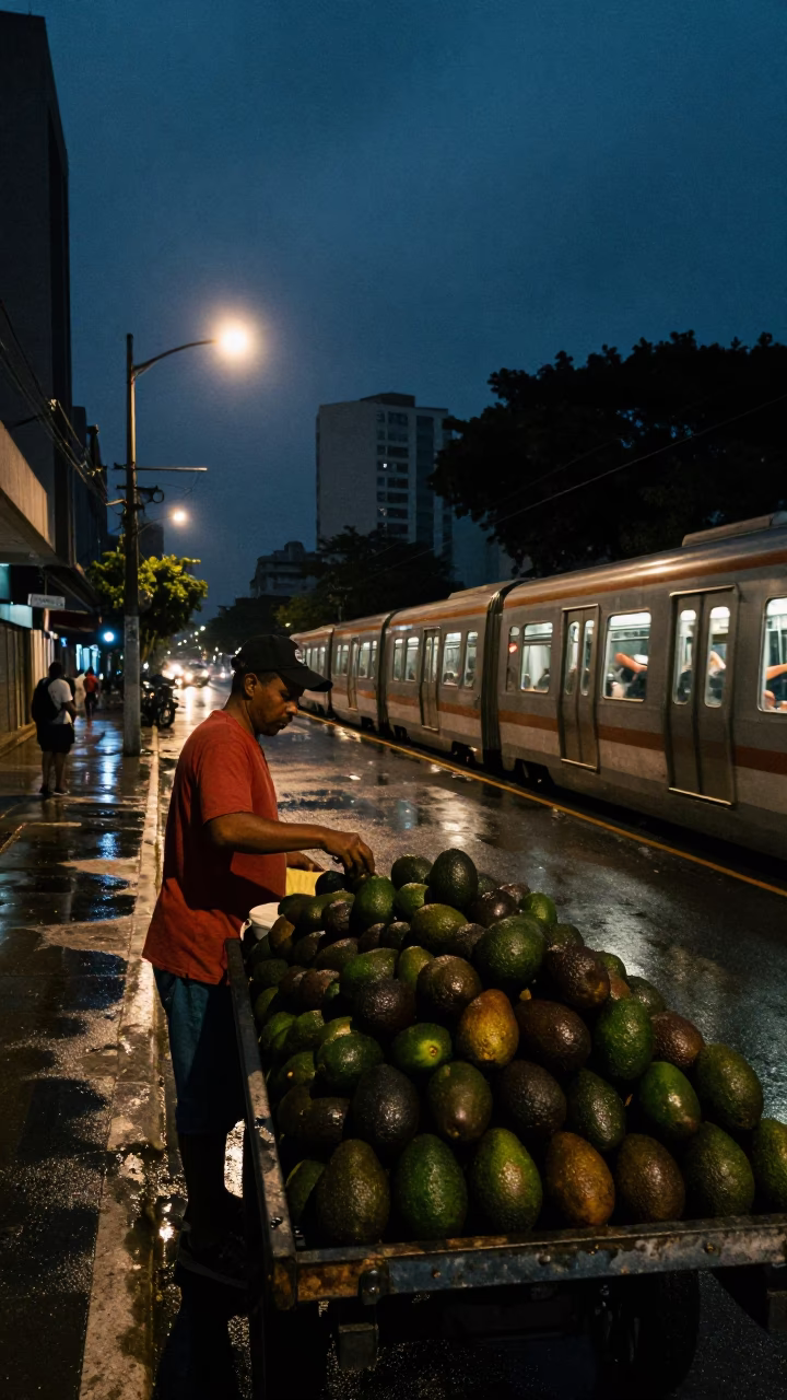 Predawn São Paulo Street Scene with Night Train and Avocado Vendor in in São Paulo, Brazil