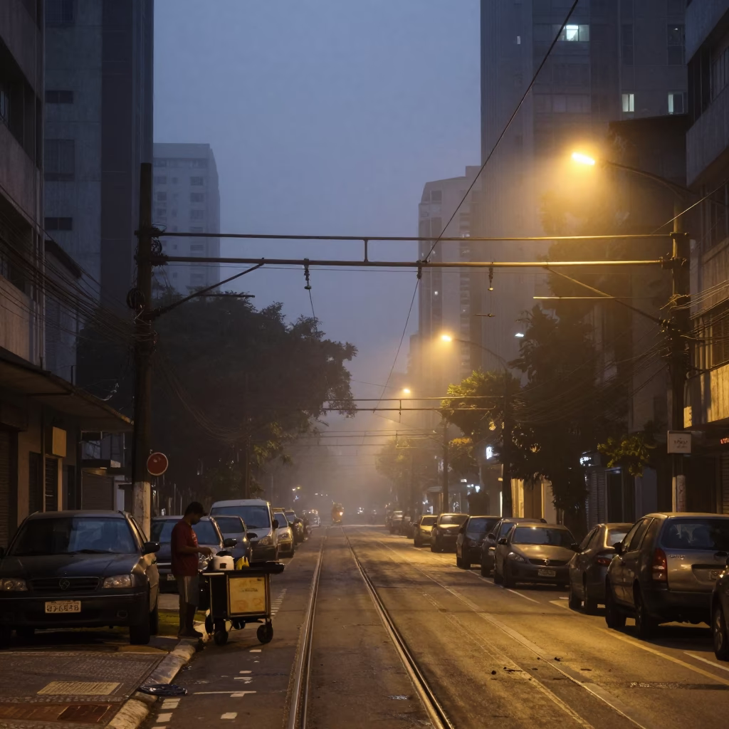 Predawn São Paulo street scene with rail catenary fog and vibrant local commerce in in São Paulo, Brazil