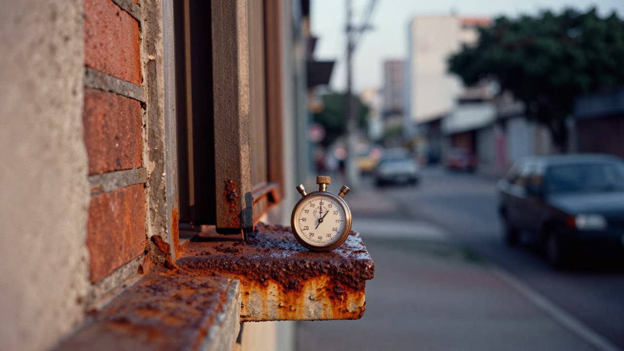 Predawn São Paulo Street Scene with Rusty Sill and Stopwatch in in São Paulo, Brazil