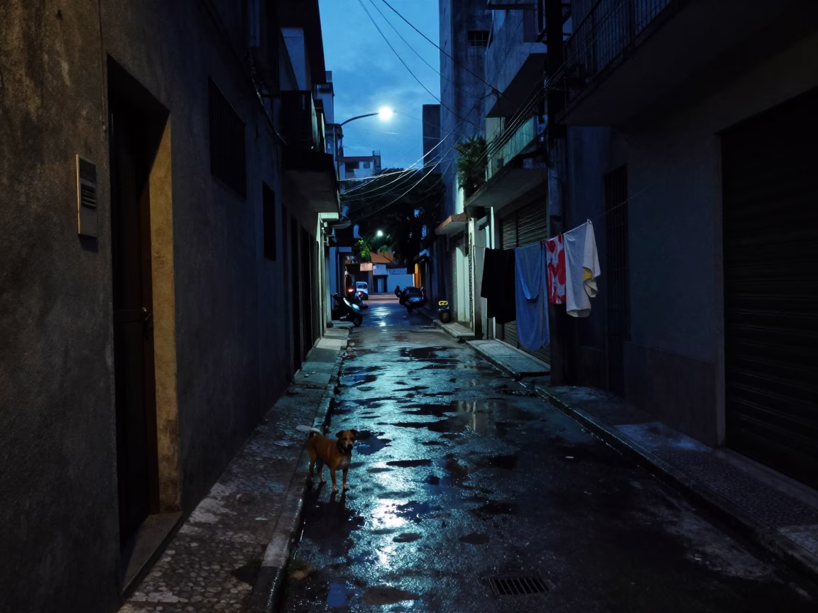 Predawn São Paulo Street Scene with Small Dog and Laundry Lines in in São Paulo, Brazil