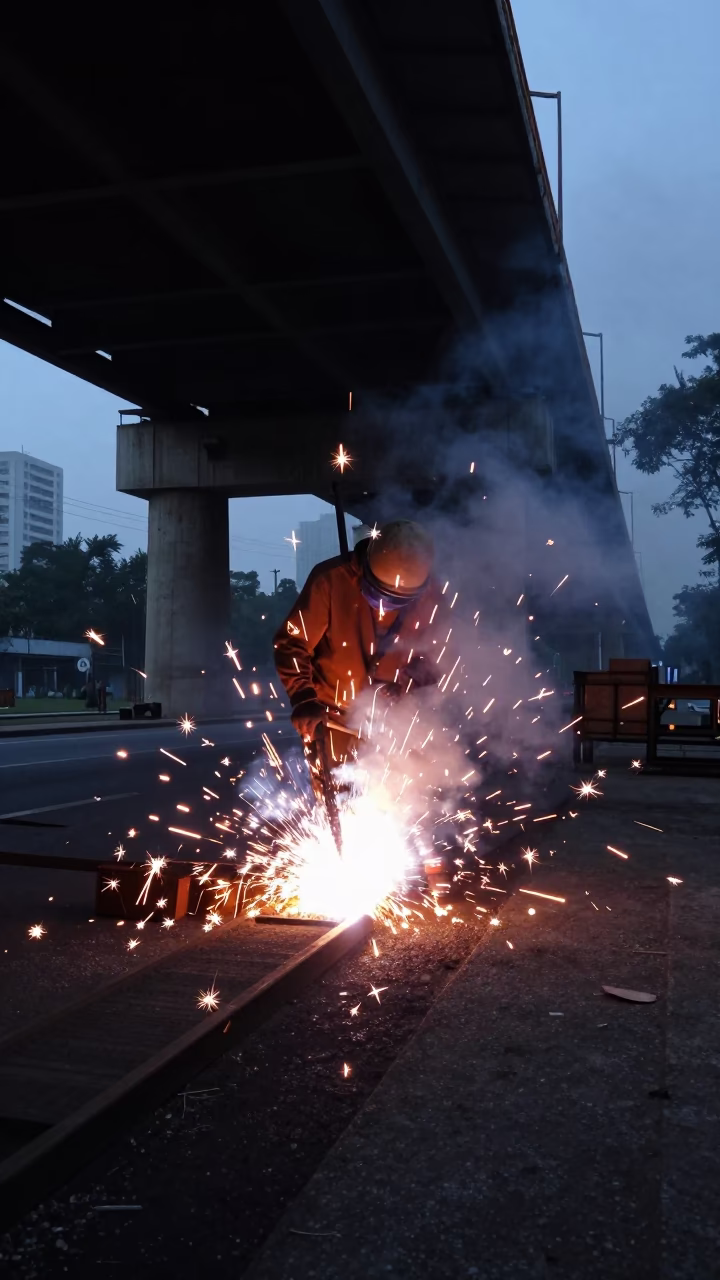 Predawn São Paulo Street Scene with Welding Sparks and Steam Under Construction Bridge in in São Paulo, Brazil