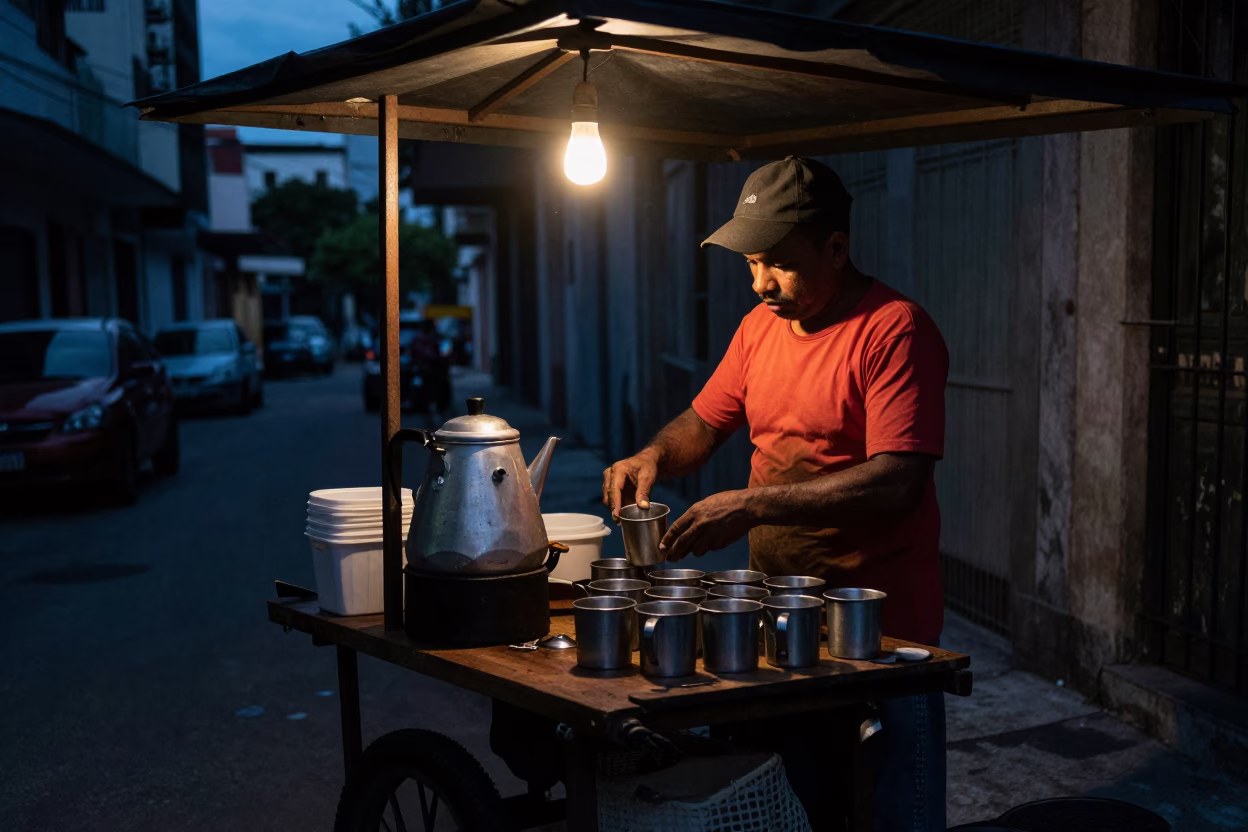 Predawn São Paulo street vendor preparing coffee amidst urban darkness in in São Paulo, Brazil