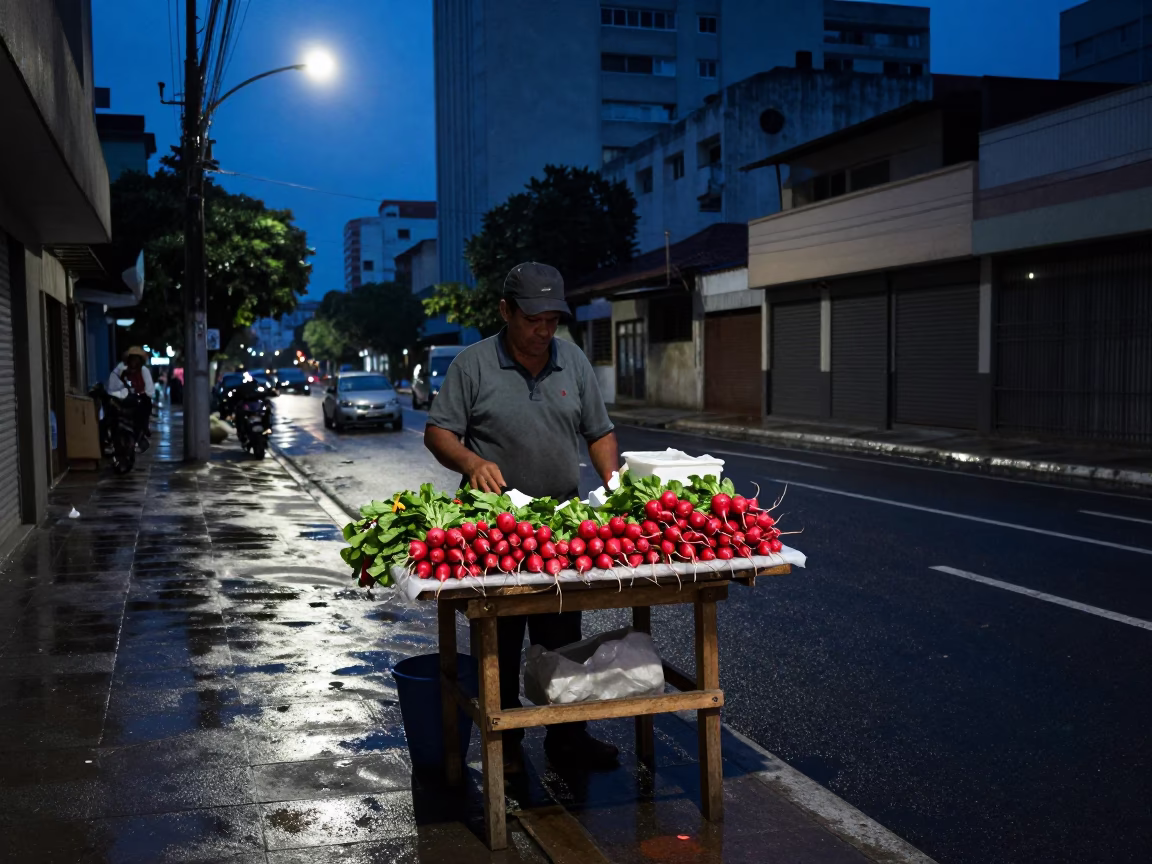 Predawn São Paulo Street Vendor Selling Radishes on Wooden Workbench in in São Paulo, Brazil