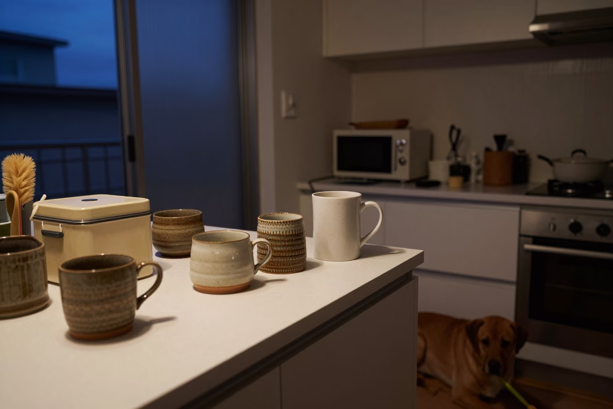 Predawn Sapporo Kitchen Scene with Ceramic Mugs and Brown Dog in in Sapporo, Japan