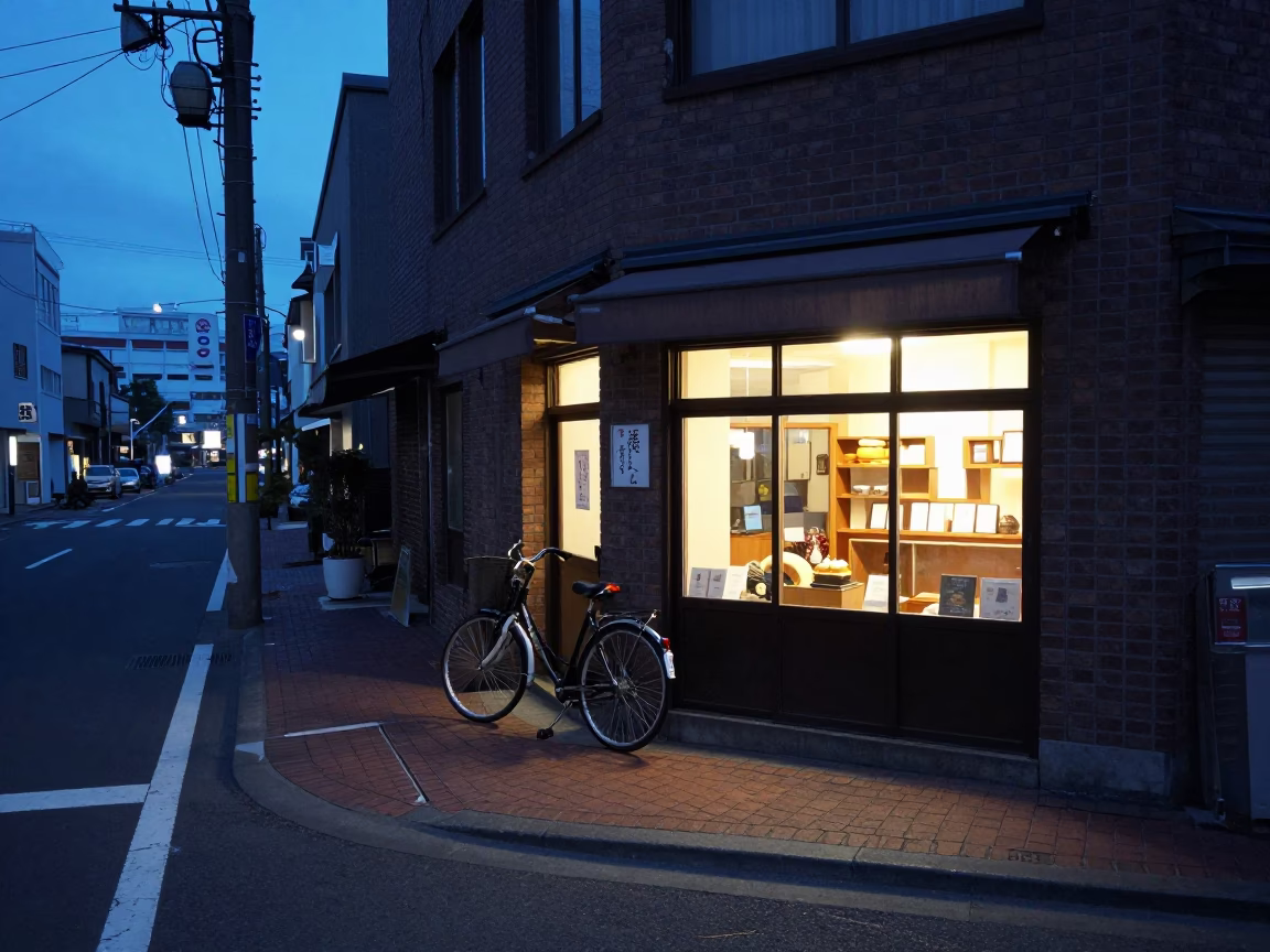 Predawn Sapporo Street Scene with Bicycle and Bakery in Early Morning Darkness in in Sapporo, Japan