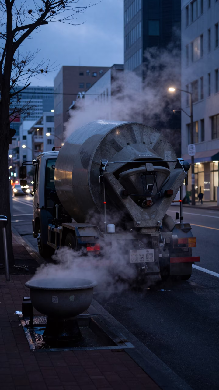 Predawn Sapporo Street Scene with Concrete Mixer and Steam Rising in Early Morning Darkness in in Sapporo, Japan