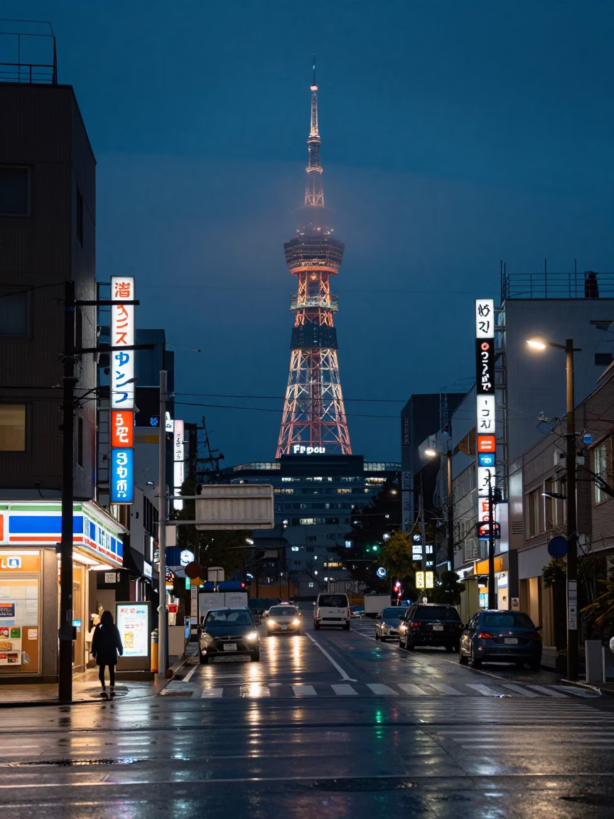 Predawn Sapporo Street Scene with Distant Sapporo Tower and Wet Asphalt in in Sapporo, Japan