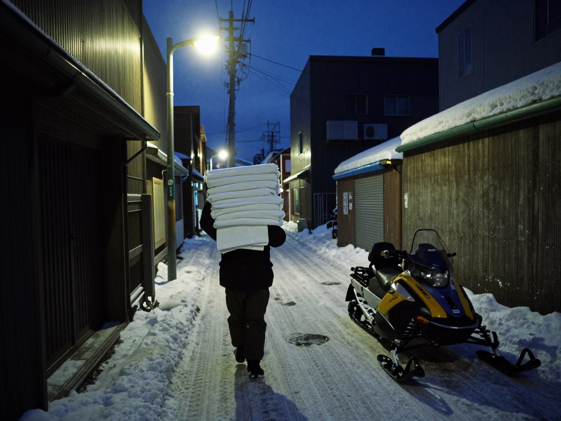 Predawn Sapporo Street Scene with Drying Towels and Snowmobile in Japan in in Sapporo, Japan