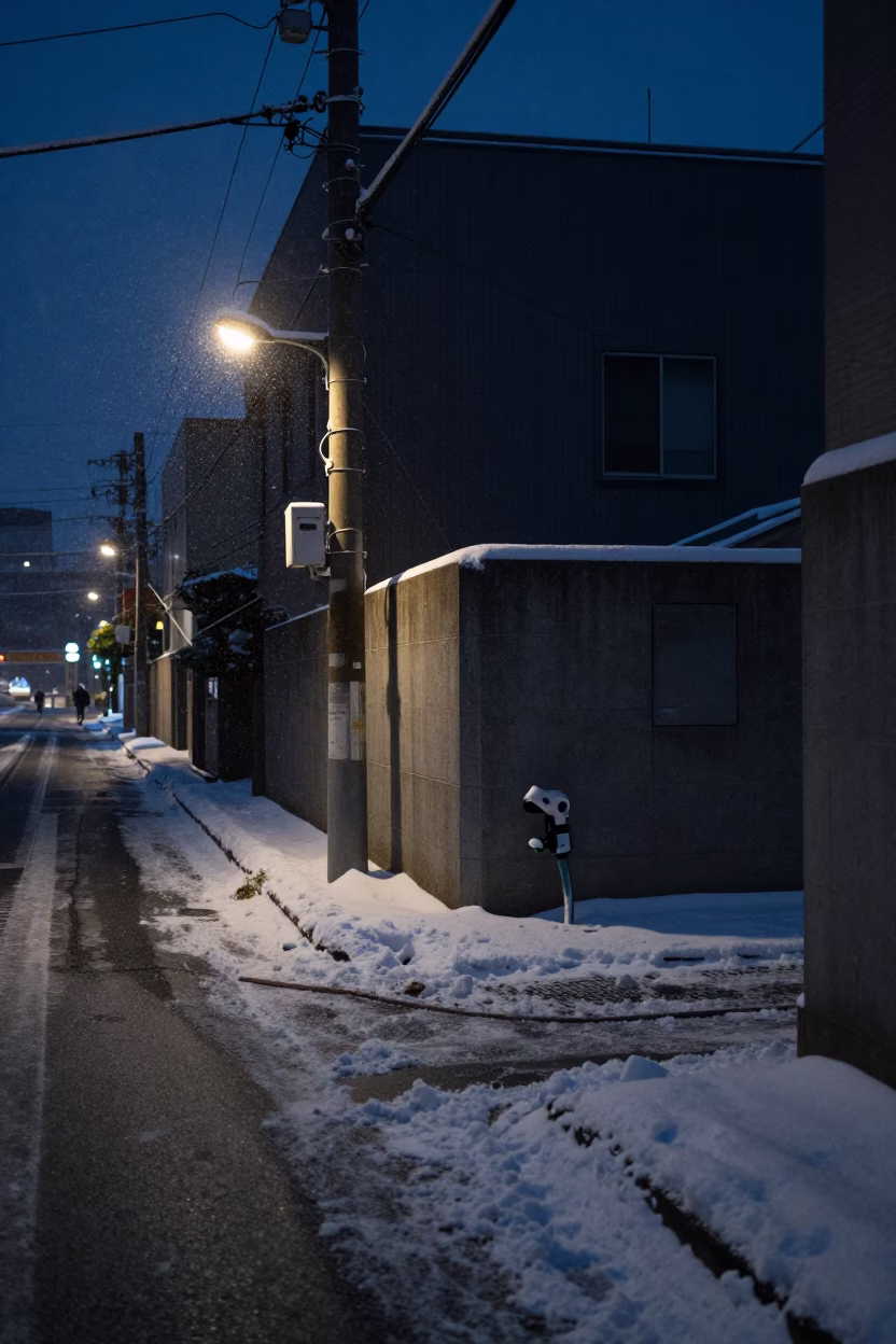 Predawn Sapporo Street Scene with Hose Nozzle and Snow Dust in in Sapporo, Japan