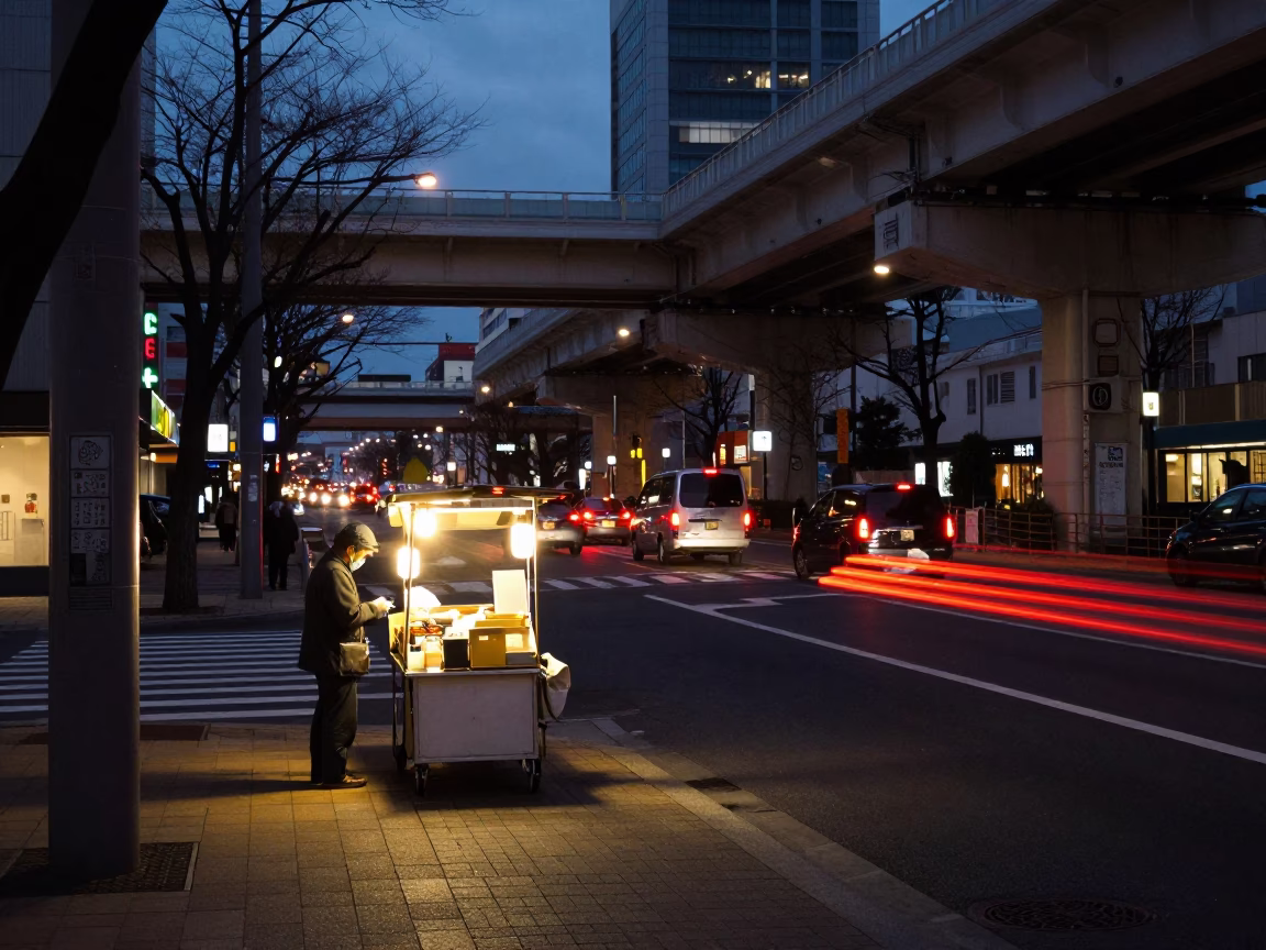 Predawn Sapporo Street Scene with Salt Spoon and Overpass Taillight Streaks in in Sapporo, Japan