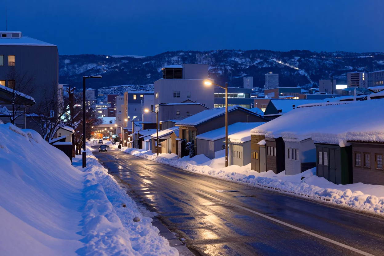 Predawn Sapporo Street Scene with Snowy Slope and Storage Tin in in Sapporo, Japan